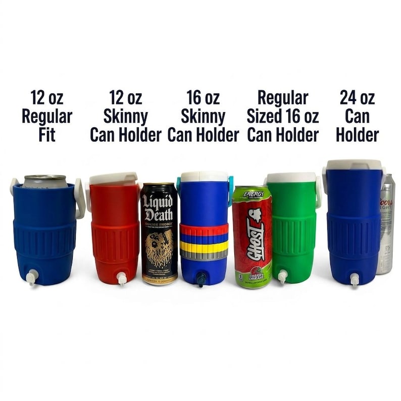 May include: A collection of plastic can holders in blue, red, and green, labeled 12 oz Regular Fit, 12 oz Skinny Can Holder, 16 oz Skinny Can Holder, Regular Sized 16 oz Can Holder, and 24 oz Can Holder, with various beverage cans inserted.