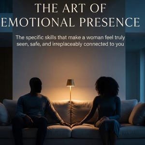 May include: A digital graphic featuring the text THE ART OF EMOTIONAL PRESENCE and The specific skills that make a woman feel truly seen, safe, and irreplaceably connected to you. Two silhouettes sit on a couch with a small lamp between them.