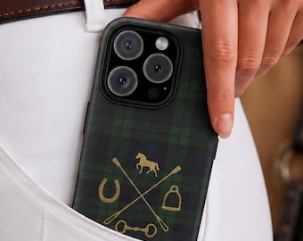 Capa para iPhone com estampa xadrez equestre preppy | Capa para celular com ícone de cavalo em tartan | Acabamento fosco ou brilhante