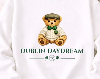 Dublin Daydream Sweatshirt, Irish Teddy Bear Crewneck with Passport Stamp Detail