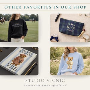 An image showcasing a selection of products. Featured items include a black sweatshirt with "Equestrian" text, a plaid cosmetic bag with equestrian embroidery, a travel journal with a teddy bear illustration, and a light blue sweatshirt with a teddy bear design.