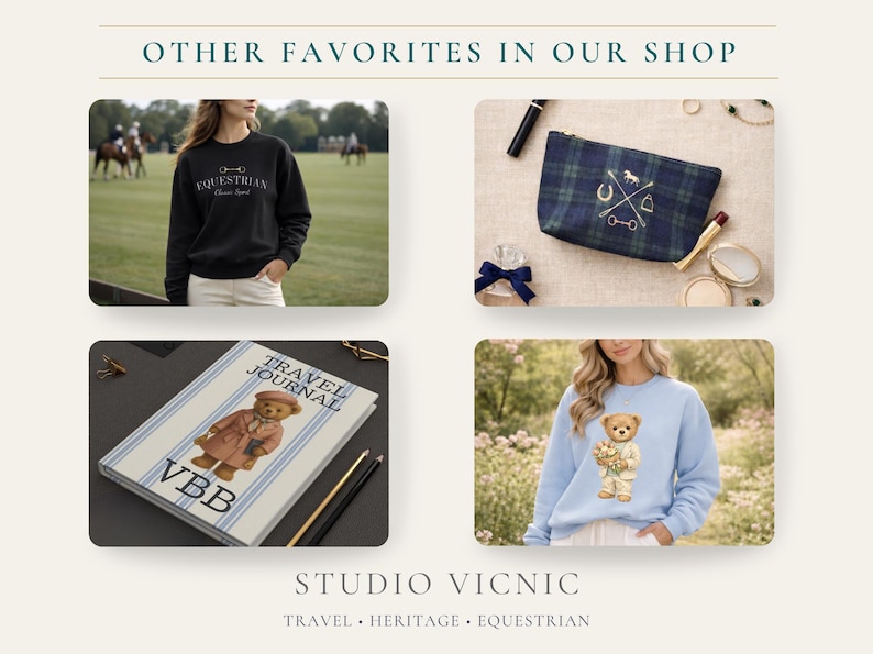 An image showcasing a selection of products. Featured items include a black sweatshirt with "Equestrian" text, a plaid cosmetic bag with equestrian embroidery, a travel journal with a teddy bear illustration, and a light blue sweatshirt with a teddy bear design.