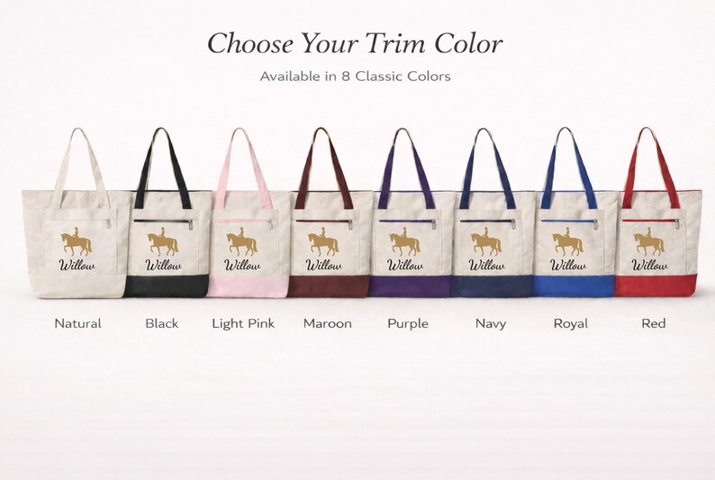 A collection of eight canvas tote bags with different trim colors: natural, black, light pink, maroon, purple, navy, royal, and red. Each bag features a gold equestrian design and the name "Willow". The text "Choose Your Trim Color" is at the top.