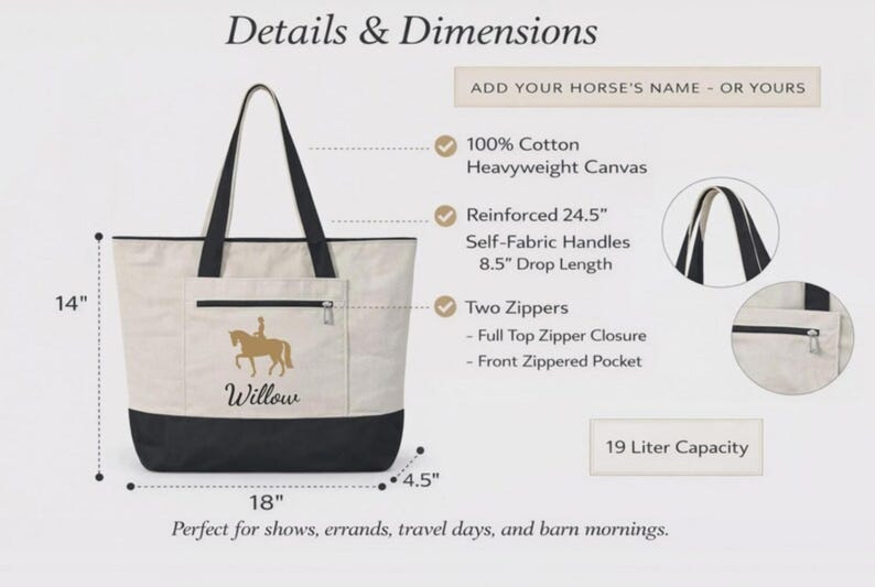 Pode incluir: Bolsa tote creme com detalhes pretos, com um desenho dourado de cavalo e cavaleiro e o nome "Willow". Possui um bolso frontal com z&iacute;per e z&iacute;per superior. Mede 45.7 cm de largura, 35.6 cm de altura, 11.4 cm de profundidade, com al&ccedil;as de 62.2 cm.
