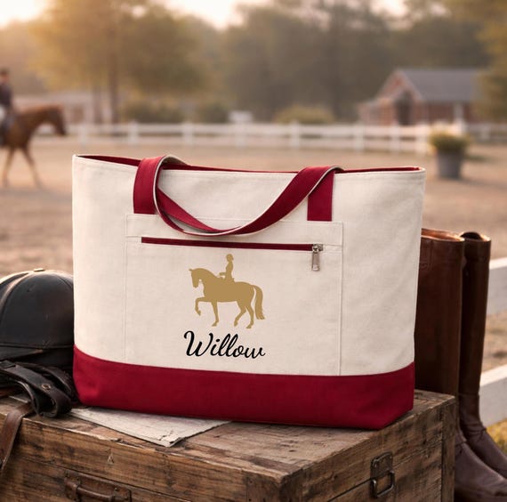 Custom Horse Tote Bag | Canvas Equestrian Carryall | Personalized Zippered Gift for Riders