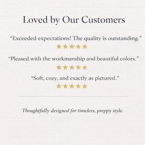 Cream-colored background with the text "Loved by Our Customers." Includes customer reviews with star ratings. The phrase "Thoughtfully designed for timeless, preppy style" is also present.