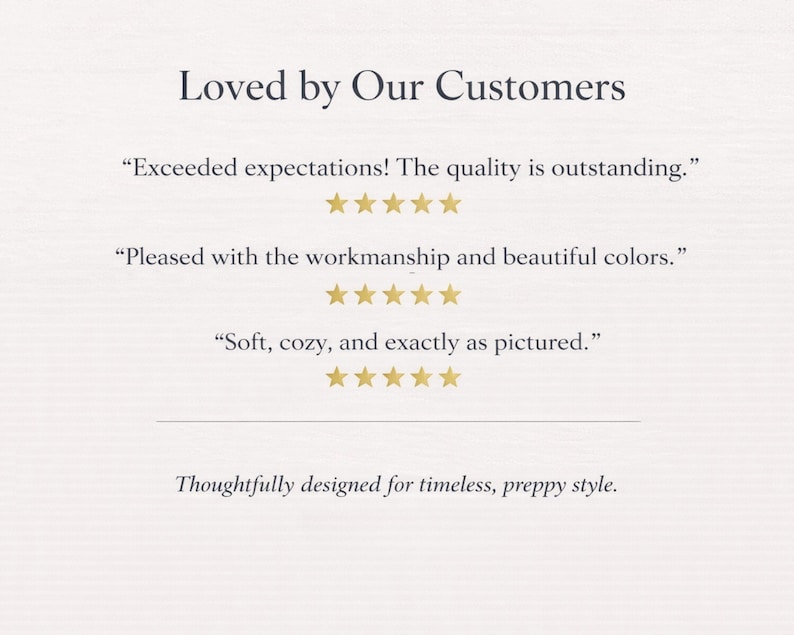 Cream-colored background with the text "Loved by Our Customers." Includes customer reviews with star ratings. The phrase "Thoughtfully designed for timeless, preppy style" is also present.