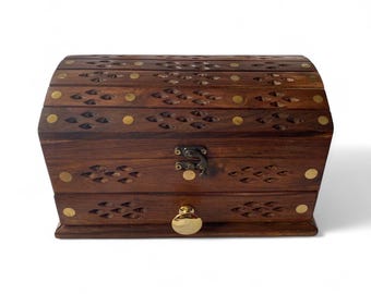 Handmade Sheesham Wood Jewelry Box with Rustic Brass Inlay