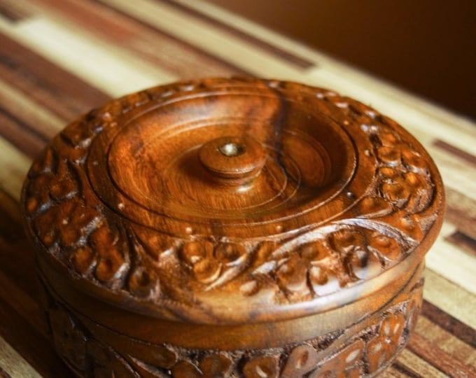 Featured listing image: Treasured Pieces (Khaas Tukre) Hand-Carved Coaster Set made with Sheesham Wood - Floral Storage Box