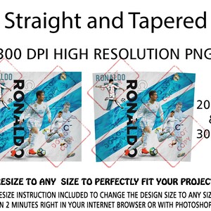 K&ouml;nnte beinhalten: Zwei digitale Designs f&uuml;r Becher mit dem Fu&szlig;ballspieler Ronaldo. Die Designs sind auf einem blau-wei&szlig;en Hintergrund mit dem Text "Ronaldo" und dem Text "Straight and Tapered". Die Designs sind in 591 ml und 887 ml Gr&ouml;&szlig;en erh&auml;ltlich.