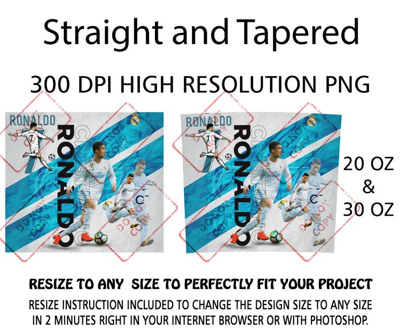 K&ouml;nnte beinhalten: Zwei digitale Designs f&uuml;r Becher mit dem Fu&szlig;ballspieler Ronaldo. Die Designs sind auf einem blau-wei&szlig;en Hintergrund mit dem Text "Ronaldo" und dem Text "Straight and Tapered". Die Designs sind in 591 ml und 887 ml Gr&ouml;&szlig;en erh&auml;ltlich.