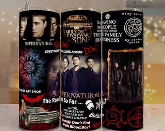 Emballage pour gobelet PNG Supernatural | Modèle mince de 20 oz et 30 oz | Citations de fans, dictons drôles, symboles démoniaques