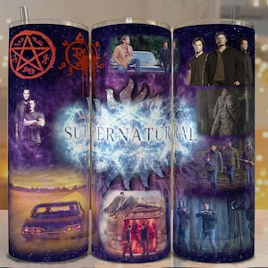 May include: A stainless steel tumbler featuring a collage of images and text from the television show Supernatural. The design includes the show's title, characters, and symbols against a purple and blue galaxy background.