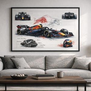 May include: Framed artwork featuring a Formula 1 race car design. The print includes detailed illustrations of the car from multiple angles, a schematic of the engine, and a racing helmet. The car is primarily navy blue, red, and yellow.