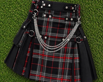 Kilt utility tartan nero e rosso da uomo, kilt gotico punk, kilt cargo scozzese ibrido, kilt a catena, kilt regolabile per festival, kilt alla moda