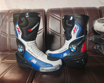 Motorbike BMW Racing Leather Boots-Cowhide Leather Shoes Handmade