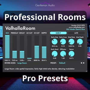 Puede incluir: Interfaz de audio digital con el texto "Professional Rooms" y "ValhallaRoom". La interfaz presenta ajustes ajustables para la reverberación, incluyendo mezcla, predelay y decay. El modo GUI está configurado en Electric Blue.