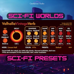 May include: Digital audio interface graphic with the text "SCI-FI WORLDS" and "ValhallaVintageVerb". Features dials and settings for mix, decay, damping, shape, diff, mod, and EQ. The background shows a futuristic cityscape.