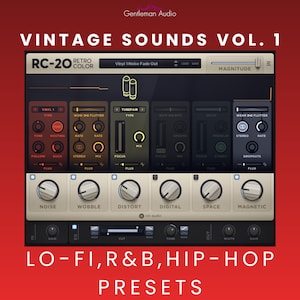 Pode incluir: Interface de software de áudio digital com o texto "VINTAGE SOUNDS VOL. 1" e "RC-20 RETRO COLOR". A interface apresenta vários botões e controles deslizantes, com o texto "LO-FI, R&B, HIP-HOP PRESETS" na parte inferior. O fundo é vermelho.