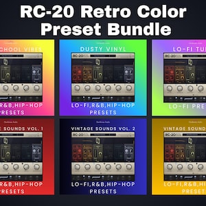 May include: An image showcasing a bundle of RC-20 Retro Color preset packs. Each pack features a digital audio workstation (DAW) plugin interface with various controls and the text "RC-20". The packs are labeled "Old School Vibes", "Dusty Vinyl", "Lo-Fi Tunes", "Vintage Sounds Vol. 1, 2, and 3".