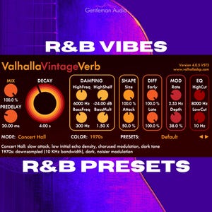 May include: Digital audio plugin interface with the text "ValhallaVintageVerb" and "R&B VIBES" on a purple background. Features various controls for mix, decay, damping, shape, and EQ. The color scheme is inspired by the 1970s.