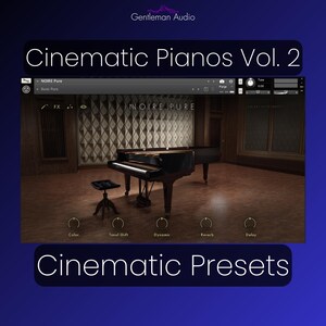 Könnte beinhalten: Digitale Benutzeroberfläche für "Cinematic Pianos Vol. 2" mit einem Flügel und einem Hocker in einem virtuellen Raum. Die Oberfläche zeigt den Text "NOIRE PURE" und "Cinematic Presets". Regler für Farbe, Tonverschiebung, Dynamik, Hall und Verzögerung.