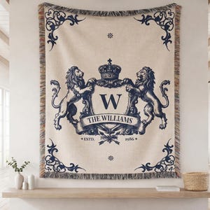 Personalized Family Crest Blanket Custom Monogram Woven Throw Royal Heraldic Blanket Luxury Wedding Gift Last Name Blanket Established Date