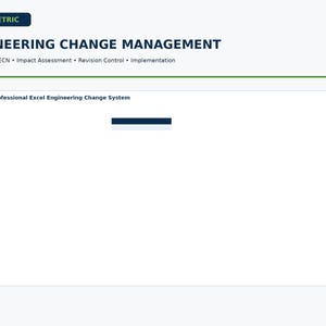 Könnte beinhalten: Eine digitale Dokumentenkopfzeile mit dem Titel SOLVE METRIC ENGINEERING CHANGE MANAGEMENT, dem Untertext ECR, ECO, ECN, Impact Assessment, Revision Control, Implementation und einem weißen Feld mit der Aufschrift Professional Excel Engineering Change System.