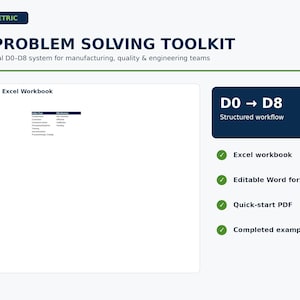 Puede incluir: El kit de herramientas de resolución de problemas 8D de Solve Metric presenta un sistema profesional D0-D8 para equipos de fabricación, calidad e ingeniería. Incluye un libro de Excel, formularios de Word editables, un PDF de inicio rápido y un ejemplo completo.