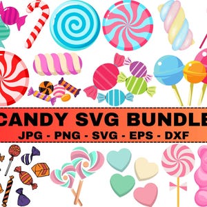 May include: A collection of colorful candy illustrations, including lollipops, wrapped candies, a candy cane, and a gummy bear. The text "CANDY SVG BUNDLE" is displayed in a red rectangle, with file type options below.