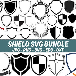May include: A collection of shield designs in various shapes and styles, including solid, outlined, and patterned shields. The image includes the text "SHIELD SVG BUNDLE" with file type indicators: JPG, PNG, SVG, EPS, and DXF.