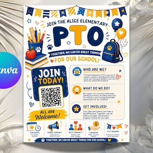 Puede incluir: Un folleto de reclutamiento para la asociación de padres con gráficos azules y amarillos, incluyendo un portalápices, una mochila y globos. El texto dice Join the Alice Elementary PTO, Together We Can Do Great Things For Our School e incluye un código QR.