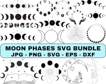 May include: A collection of black and white moon phase illustrations, including crescent moons, full moons, and celestial designs. The text "MOON PHASES SVG BUNDLE" is displayed, along with file type options: JPG, PNG, SVG, EPS, and DXF.