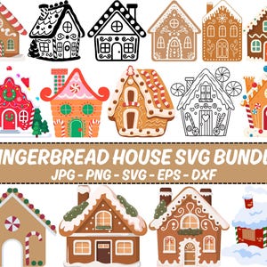 Peut inclure: Plusieurs modèles de maisons en pain d'épices, avec des illustrations détaillées et des contours. Les maisons sont décorées avec des accents colorés, des bonbons et de la neige. Le texte "GINGERBREAD HOUSE SVG BUNDLE" est affiché.