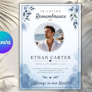 Blue Funeral Program Template Canva, Blue Watercolor Funeral Program, Memorial Service, Celebration of Life Canva, In loving Memory CANVA