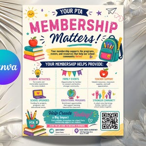 May include: A PTA membership flyer featuring the text Your PTA Membership Matters! with colorful illustrations of books, a backpack, a globe, and school supplies. The flyer outlines membership benefits, includes a QR code, and contact details.