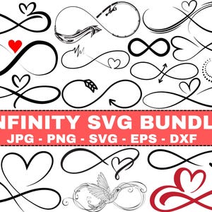 May include: A collection of black infinity symbol designs with hearts, arrows, and other decorative elements. The image includes the text "INFINITY SVG BUNDLE" with file type formats: JPG, PNG, SVG, EPS, and DXF.