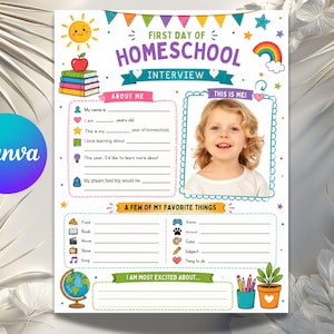 Könnte beinhalten: Ein farbenfrohes, ausdruckbares Blatt für ein Homeschooling-Interview zum ersten Schultag mit einem Fotorahmen, Lückentexten für persönliche Angaben, Favoriten und Lernzielen, verziert mit Illustrationen von Sonne, Regenbogen, Büchern und Globus.