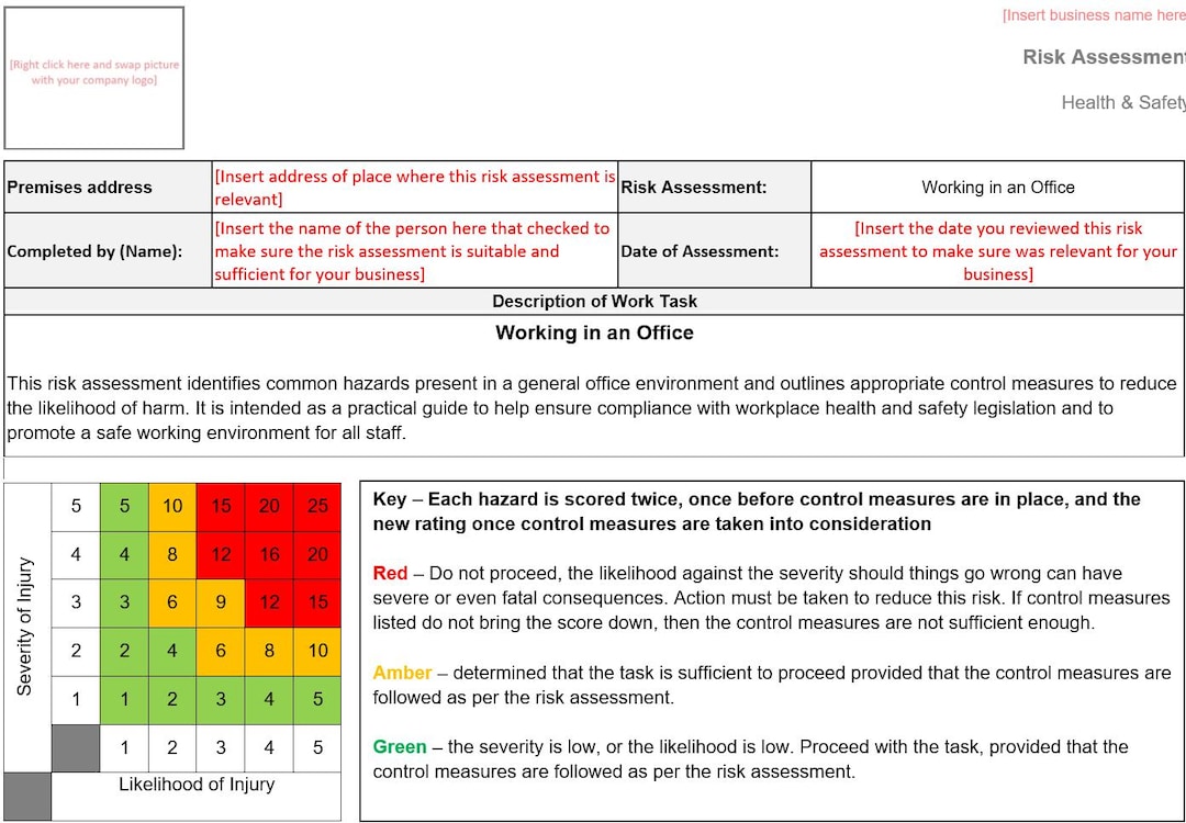General Office Risk Assessment - Editable Printable Ready to Use Word ...