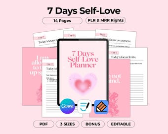 Planificador de 7 días para el reto del amor propio, diario de mindfulness para el crecimiento y la reflexión, reventa PLR MRR, plantilla editable de Canva, páginas imprimibles en PDF
