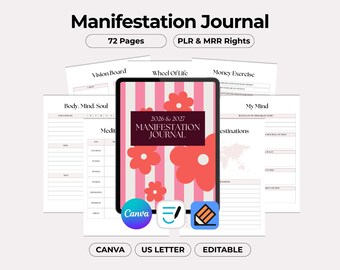 Planificador simple de mentalidad de manifestación, diario de atención plena, plantilla imprimible editable de Canva, hoja de trabajo estética de letras estadounidenses, reventa PLR MRR