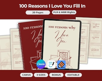 Cuaderno de ejercicios "100 razones para amarte", regalo de aniversario de San Valentín, plantilla editable de Canva, PLR MRR