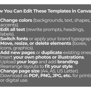 May include: A gray graphic with white text detailing how to edit Canva templates. Instructions include changing colors, editing text, switching fonts, moving elements, adding pages, inserting photos, uploading logos, rearranging layouts, changing page size, and downloading.