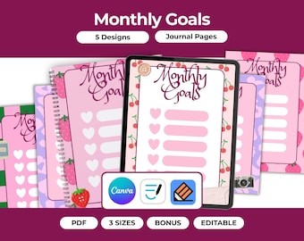 Páginas de planificación de objetivos mensuales, plantilla editable de Canva, descarga instantánea en PDF, Coquette, Y2K