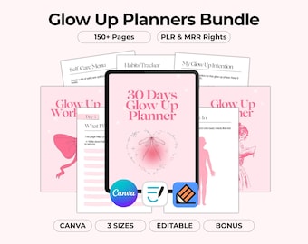 Planificador Glow Up, diario de 30 días, diseño estético coqueto, Canva, editable, imprimible, tamaño A4, A5, carta estadounidense, PLR, MRR, reventa minimalista.