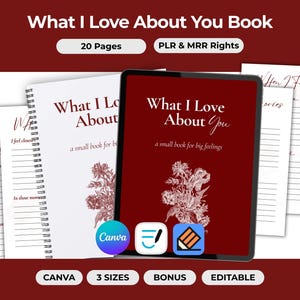 May include: A digital product titled "What I Love About You Book" with 20 pages, displayed on a tablet and a spiral-bound notebook. The cover features floral illustrations and the text "What I Love About You". Additional text includes "PLR & MRR Rights".