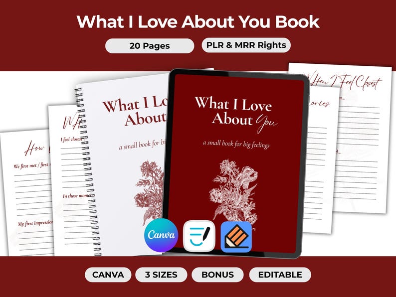 May include: A digital product titled "What I Love About You Book" with 20 pages, displayed on a tablet and a spiral-bound notebook. The cover features floral illustrations and the text "What I Love About You". Additional text includes "PLR & MRR Rights".