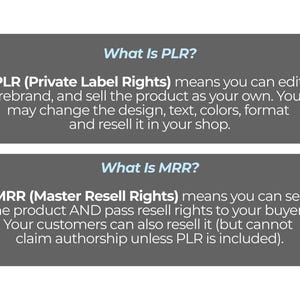 May include: Two gray rectangular graphics with white text explaining PLR (Private Label Rights) and MRR (Master Resell Rights). The PLR graphic explains editing, rebranding, and selling products. The MRR graphic explains reselling rights.
