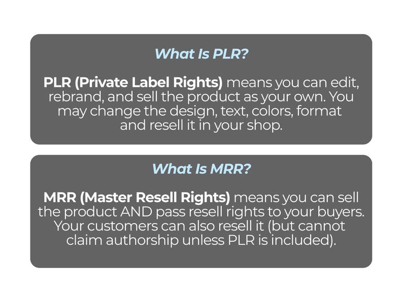 May include: Two gray rectangular graphics with white text explaining PLR (Private Label Rights) and MRR (Master Resell Rights). The PLR graphic explains editing, rebranding, and selling products. The MRR graphic explains reselling rights.