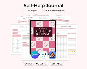Diario de autoayuda para el crecimiento mental, Planificador simple de atención plena, Plantilla editable de Canva, Hojas de trabajo imprimibles con formato PLR, MRR y reventa en EE. UU.